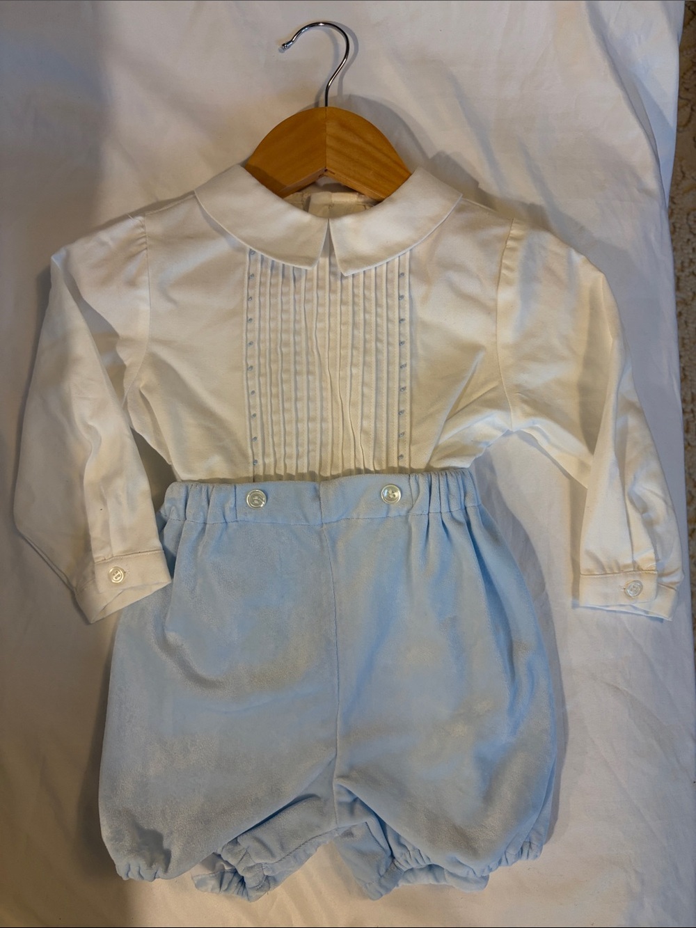 White Pintuck Long-Sleeve Top with Light Blue Velvet Shorts